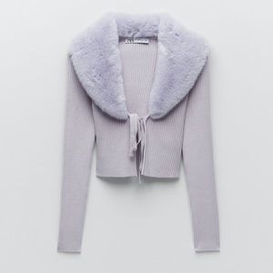 ZARA Faux Fur Trim Knit Cardigan